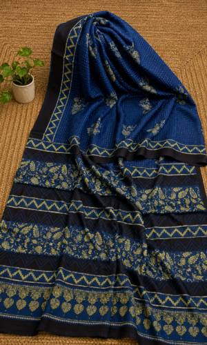 Ajrakh Hand Block Printed Modal Silk Saree Indigo (AHPMSI01)