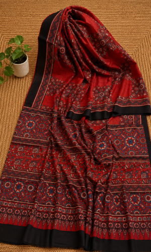 Ajrakh Hand Block Printed Modal Silk Saree Red (AHPMSR02)