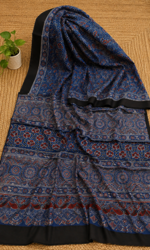 Ajrakh Hand Block Printed Modal Silk Saree Indigo(AHPMSI09)