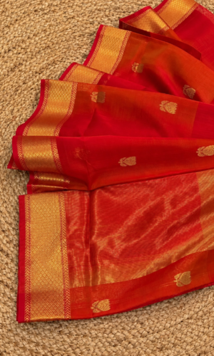 Lotus Butta Shaded Orange Red Maheshwari Handloom Saree(LBSORMHS03)