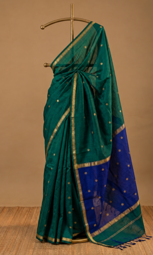 Maheshwari Handloom Saree in Peacock Green with Blue Pallu (MHSPGBP30)
